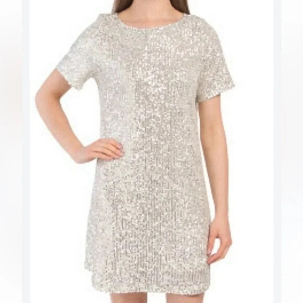 7 For All Mankind Sequin Slip Mini Stretch Jersey Dress Silver Beige Sz M Lined